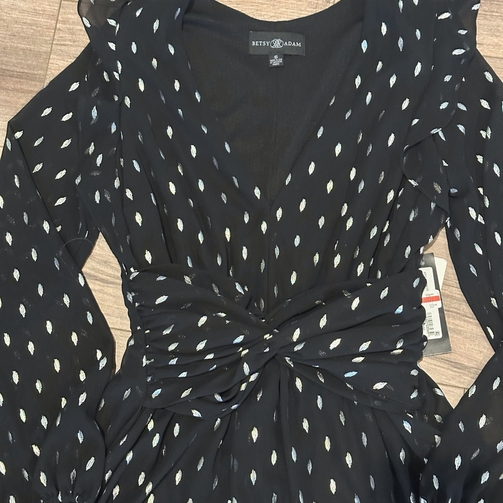 NWT! Betsy & Adam Black and White Long Sleeve Chiffon Hi Low Dress Size 6 - Picture 9 of 15